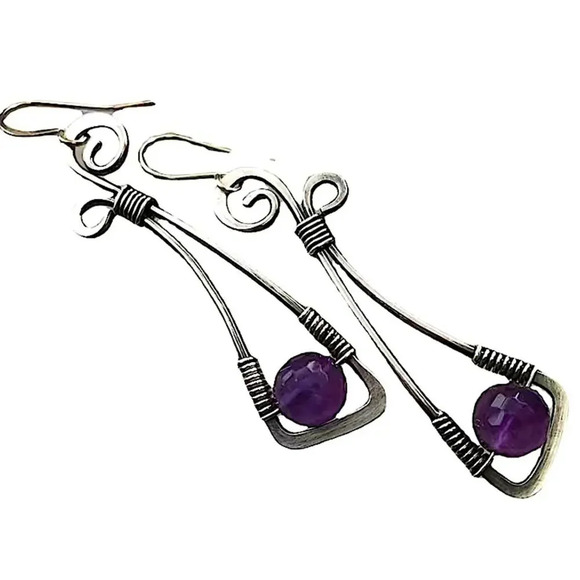 Silver Vintage Handmade Boho Purple Stone Geometric Irregular Dangle Earrings - Picture 5 of 6